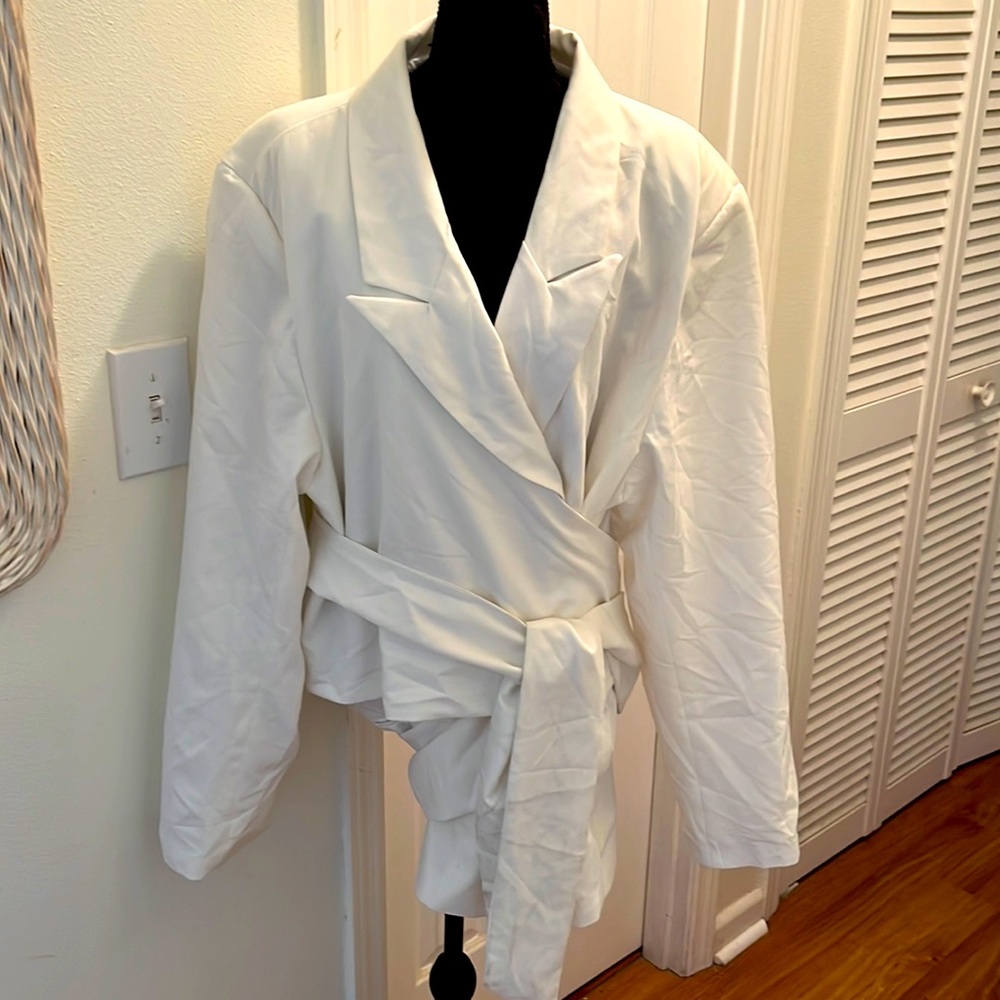 Boohoo by Megan Fox oversized belted tailored wrap tie blazer